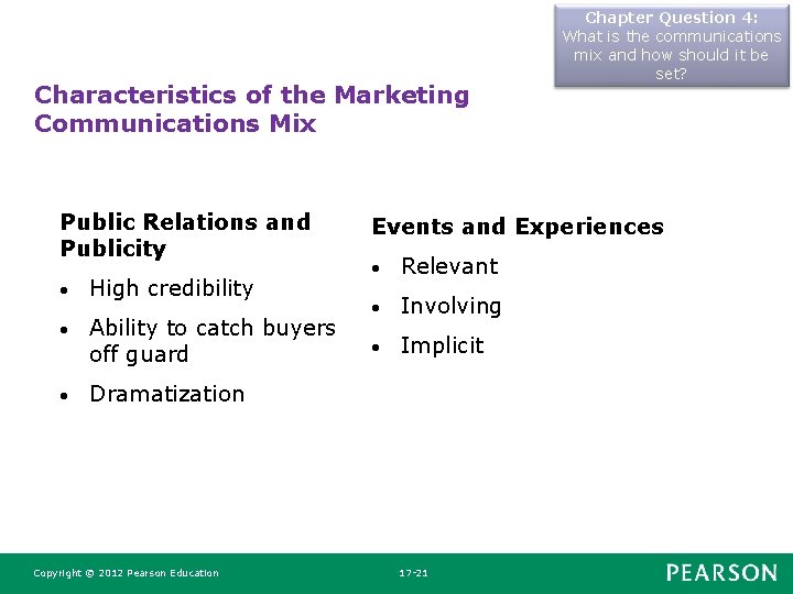 Characteristics of the Marketing Communications Mix Public Relations and Publicity • High credibility • Characteristics of the Marketing Communications Mix Public Relations and Publicity • High credibility •