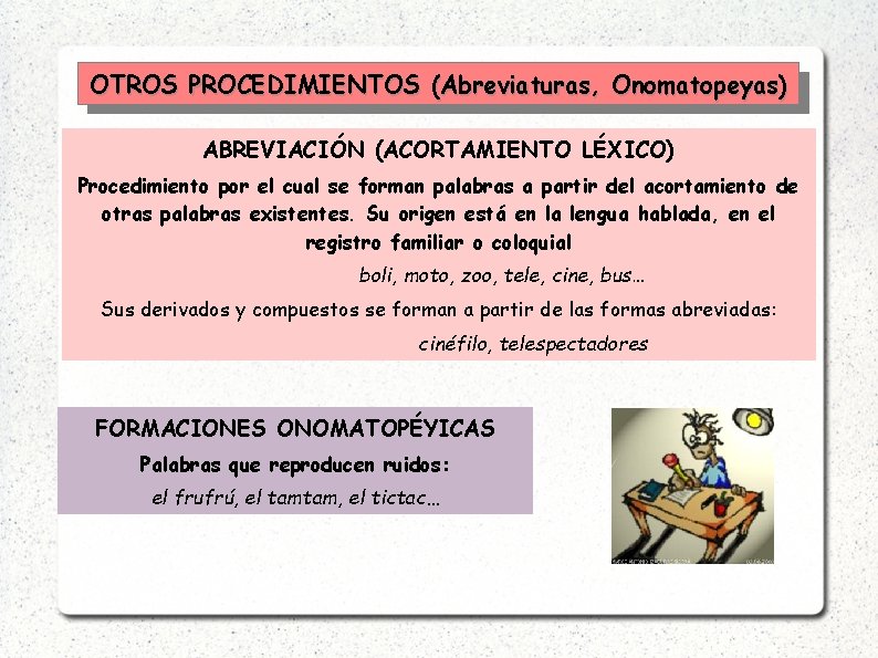 OTROS PROCEDIMIENTOS (Abreviaturas, Onomatopeyas) ABREVIACIÓN (ACORTAMIENTO LÉXICO) Procedimiento por el cual se forman palabras