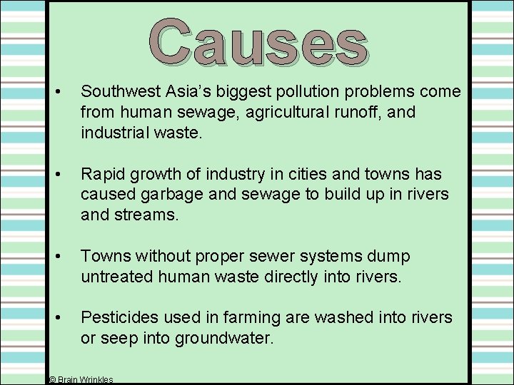 Causes • Southwest Asia’s biggest pollution problems come from human sewage, agricultural runoff, and