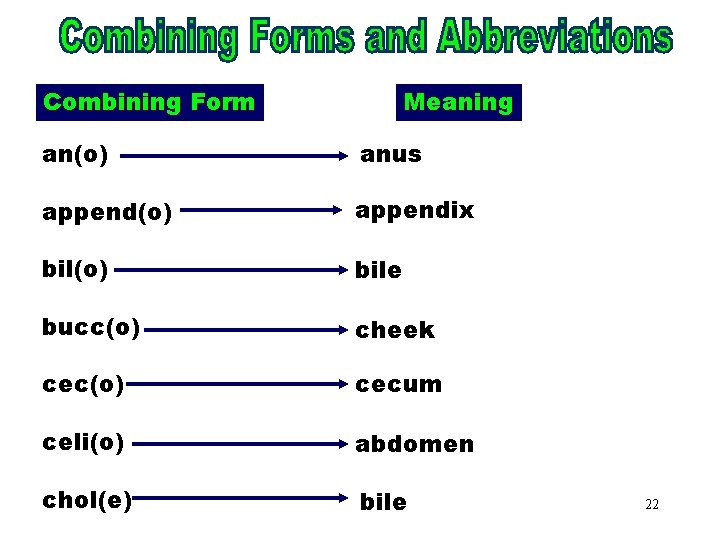 Combining Forms & Combining Form Meaning Abbreviations (an) an(o) anus append(o) appendix bil(o) bile