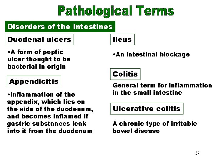 Disorders of the Intestines Duodenal ulcers Ileus • A form of peptic ulcer thought