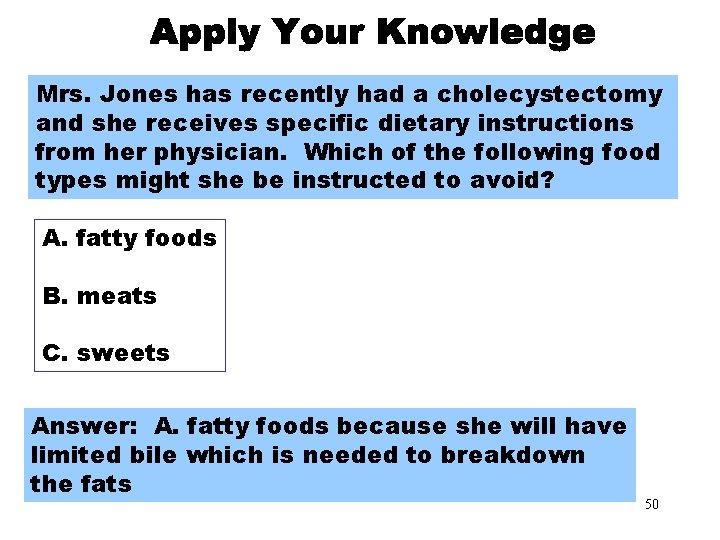 Apply Your Knowledge Part 4 Mrs. Jones has recently had a cholecystectomy and she