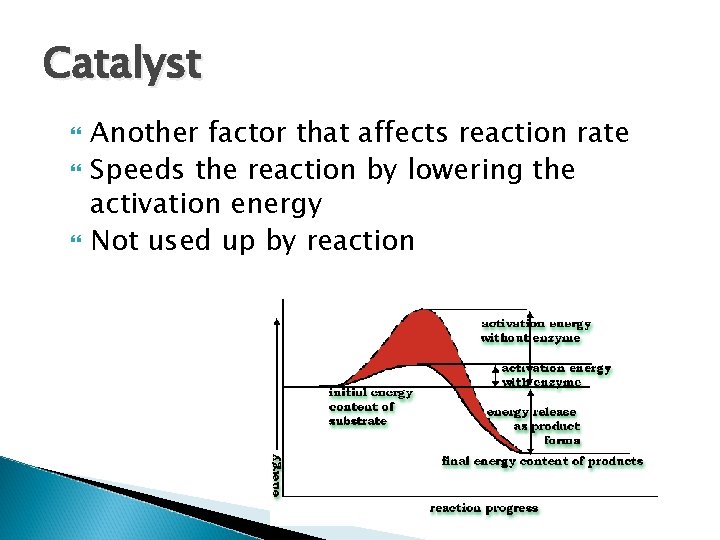 Catalyst Another factor that affects reaction rate Speeds the reaction by lowering the activation