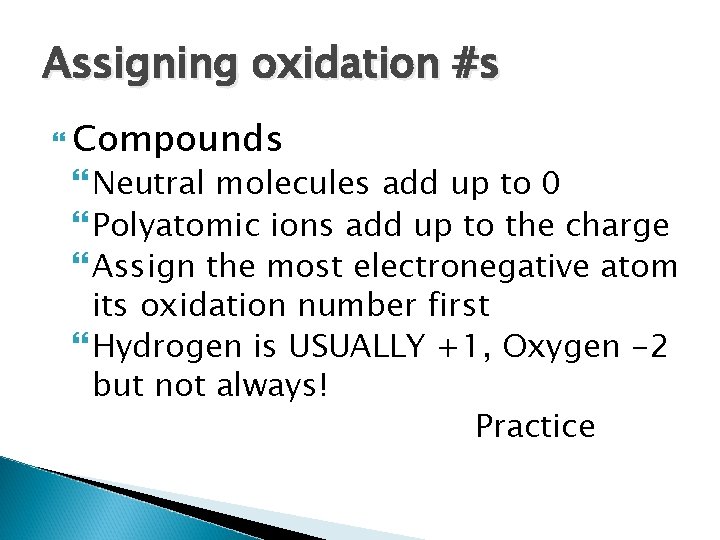 Assigning oxidation #s Compounds Neutral molecules add up to 0 Polyatomic ions add up