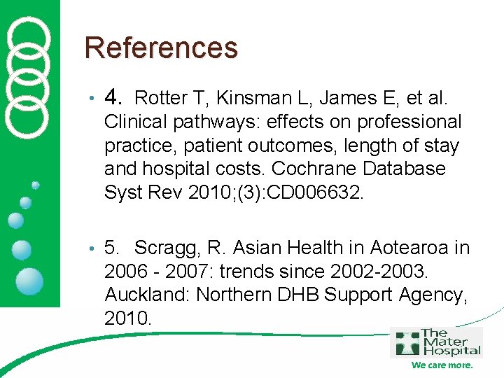 References • 4. Rotter T, Kinsman L, James E, et al. Clinical pathways: effects