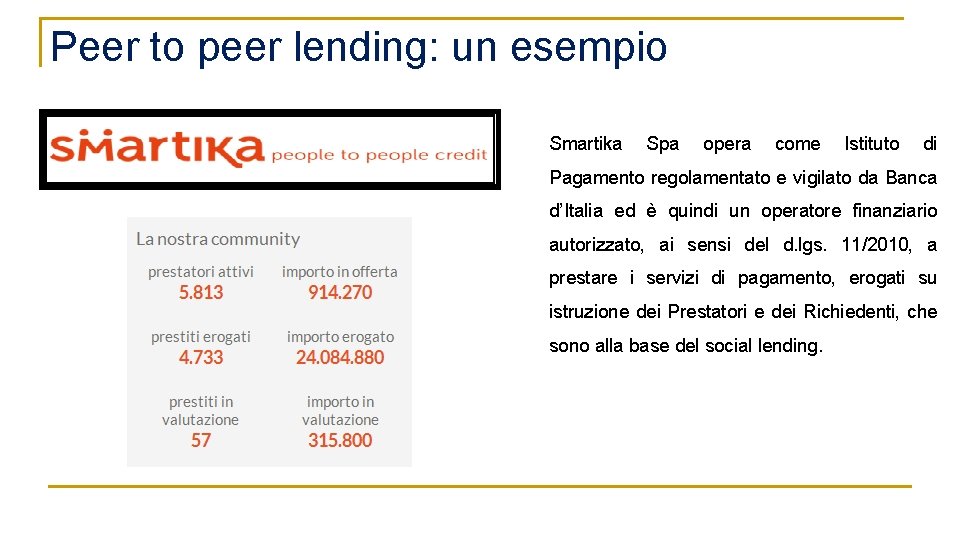 Peer to peer lending: un esempio Smartika Spa opera come Istituto di Pagamento regolamentato