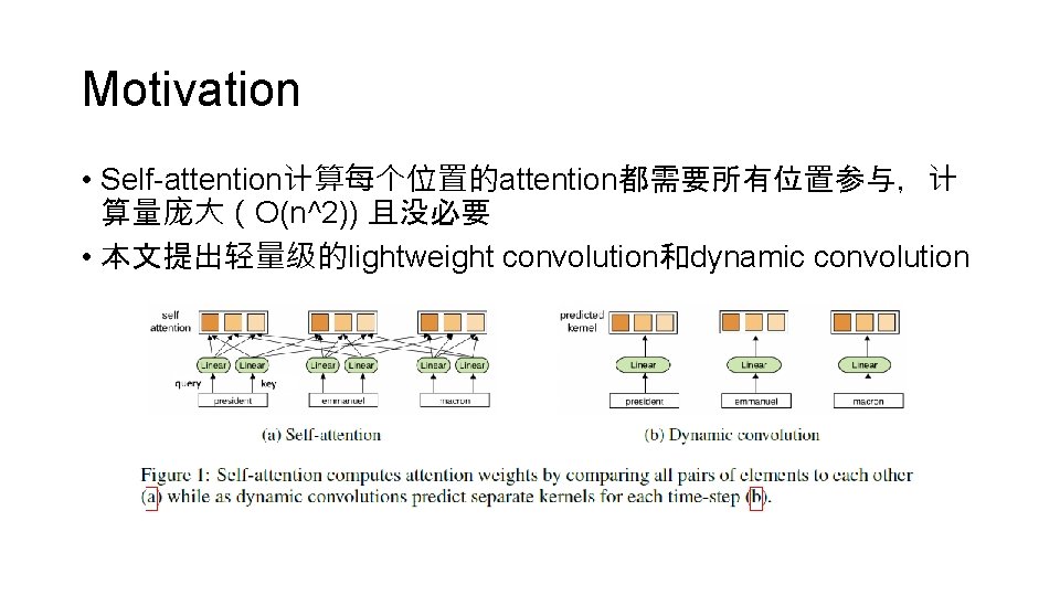 Motivation • Self-attention计算每个位置的attention都需要所有位置参与，计 算量庞大（O(n^2)) 且没必要 • 本文提出轻量级的lightweight convolution和dynamic convolution 