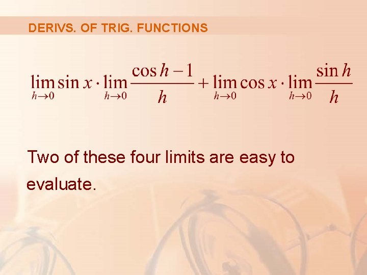 DERIVS. OF TRIG. FUNCTIONS Two of these four limits are easy to evaluate. 