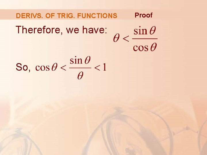 DERIVS. OF TRIG. FUNCTIONS Therefore, we have: So, Proof 