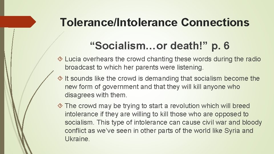 Tolerance/Intolerance Connections “Socialism…or death!” p. 6 Lucia overhears the crowd chanting these words during