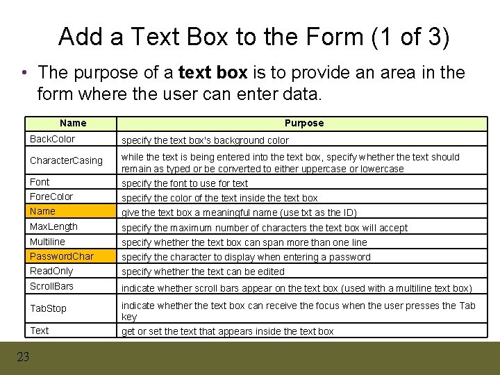 Add a Text Box to the Form (1 of 3) • The purpose of Add a Text Box to the Form (1 of 3) • The purpose of