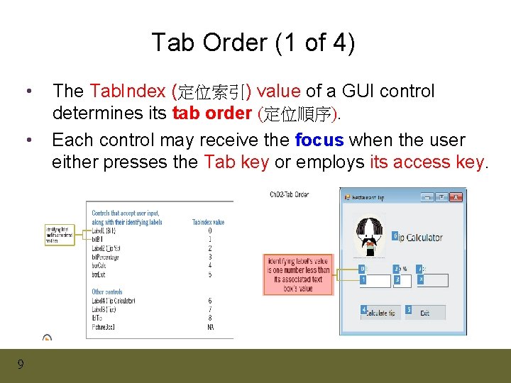 Tab Order (1 of 4) • • 9 The Tab. Index (定位索引) value of Tab Order (1 of 4) • • 9 The Tab. Index (定位索引) value of