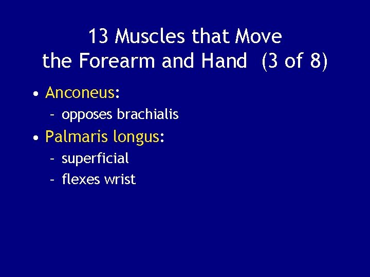 13 Muscles that Move the Forearm and Hand (3 of 8) • Anconeus: –