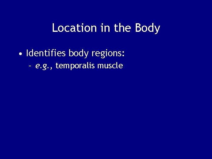 Location in the Body • Identifies body regions: – e. g. , temporalis muscle