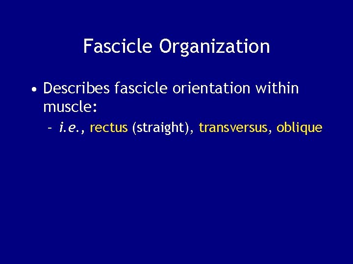 Fascicle Organization • Describes fascicle orientation within muscle: – i. e. , rectus (straight),