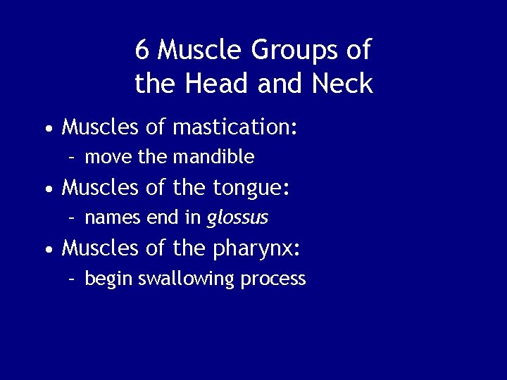 6 Muscle Groups of the Head and Neck • Muscles of mastication: – move