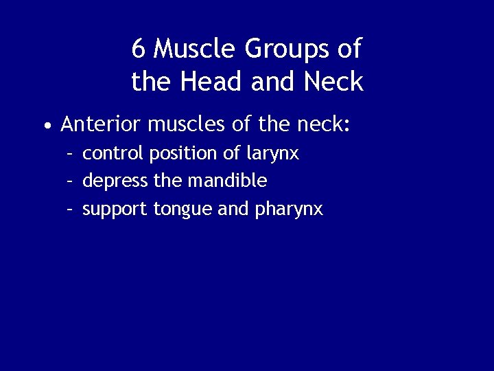 6 Muscle Groups of the Head and Neck • Anterior muscles of the neck: