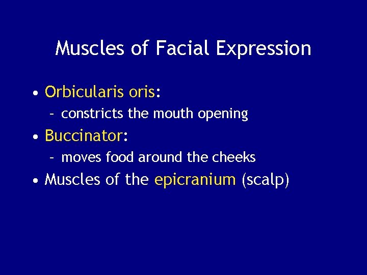 Muscles of Facial Expression • Orbicularis oris: – constricts the mouth opening • Buccinator: