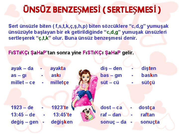 ÜNSÜZ BENZEŞMESİ ( SERTLEŞMESİ ) Sert ünsüzle biten ( f, s, t, k, ç,