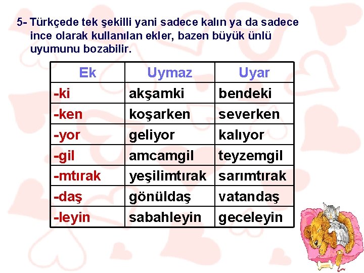 5 - Türkçede tek şekilli yani sadece kalın ya da sadece ince olarak kullanılan