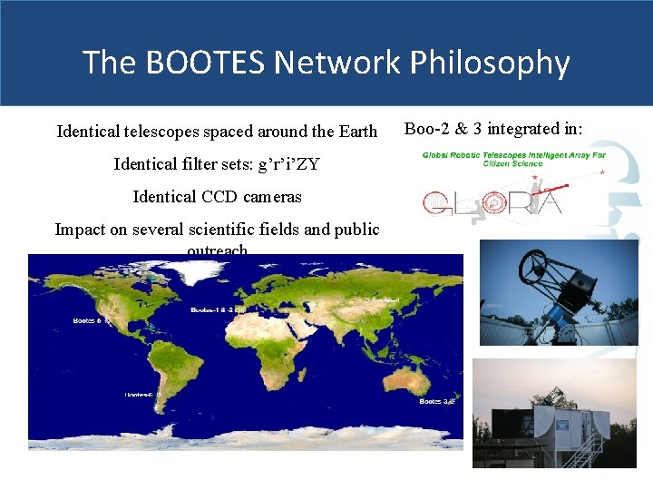 The BOOTES Network Philosophy Identical telescopes spaced around the Earth Identical filter sets: g’r’i’ZY