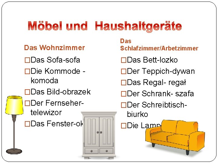 Das Wohnzimmer Das Schlafzimmer/Arbetzimmer �Das Sofa-sofa �Das Bett-lozko �Die Kommode - �Der Teppich-dywan komoda Das Wohnzimmer Das Schlafzimmer/Arbetzimmer �Das Sofa-sofa �Das Bett-lozko �Die Kommode - �Der Teppich-dywan komoda