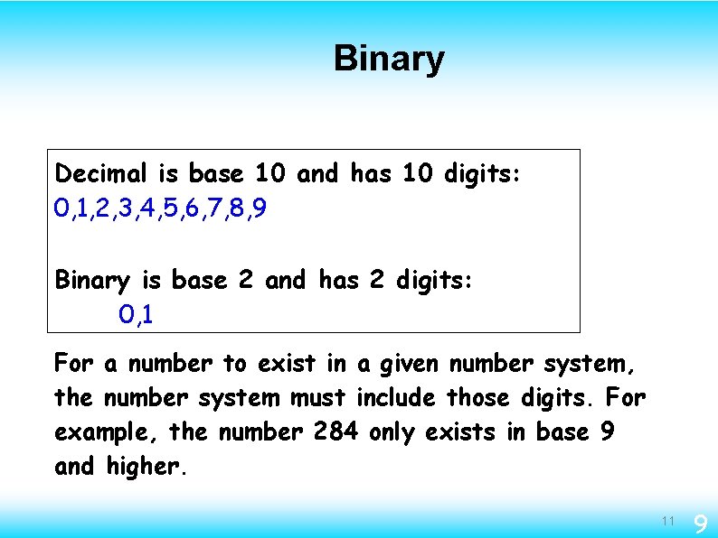 Binary Decimal is base 10 and has 10 digits: 0, 1, 2, 3, 4,