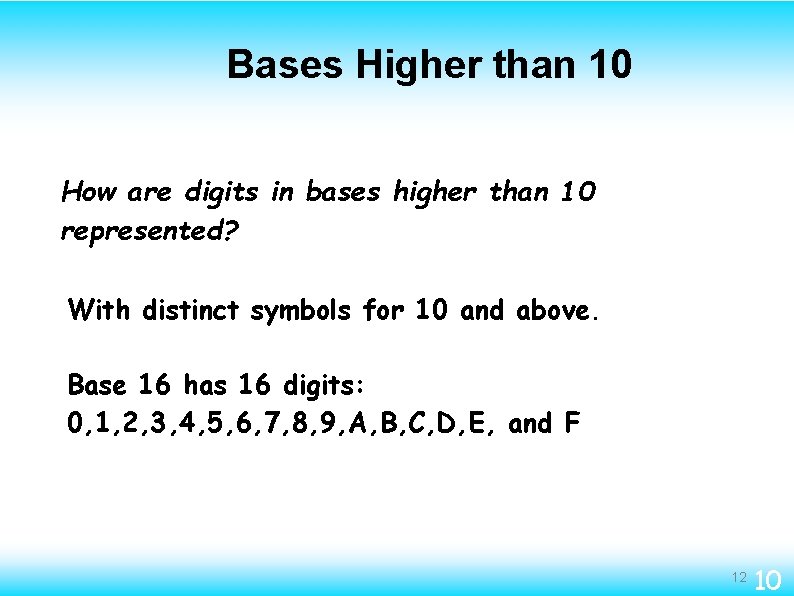 Bases Higher than 10 How are digits in bases higher than 10 represented? With