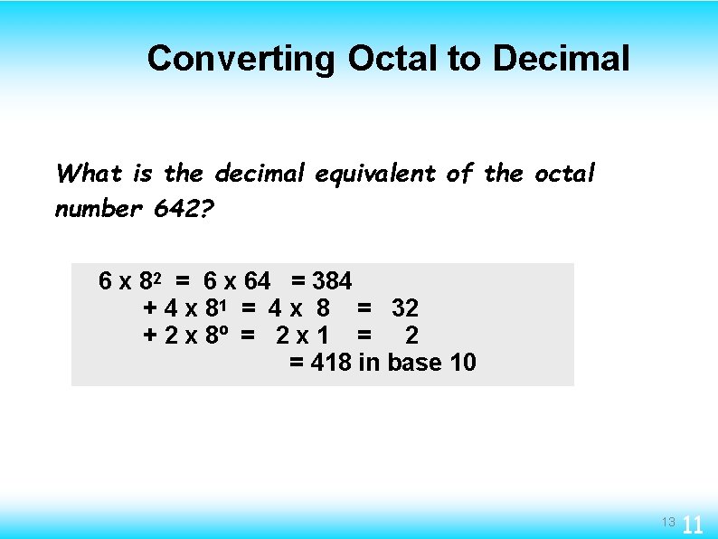 Converting Octal to Decimal What is the decimal equivalent of the octal number 642?