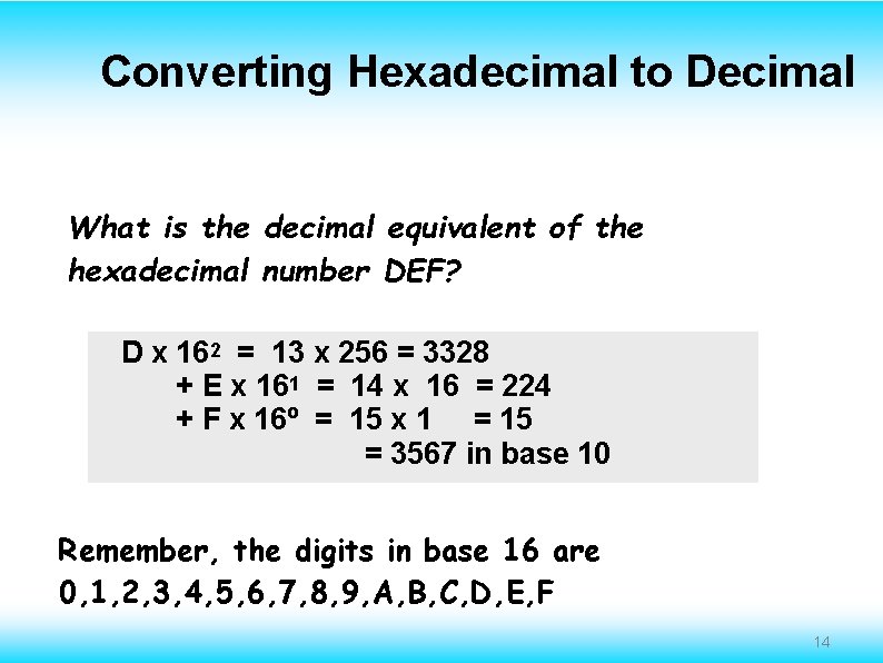 Converting Hexadecimal to Decimal What is the decimal equivalent of the hexadecimal number DEF?