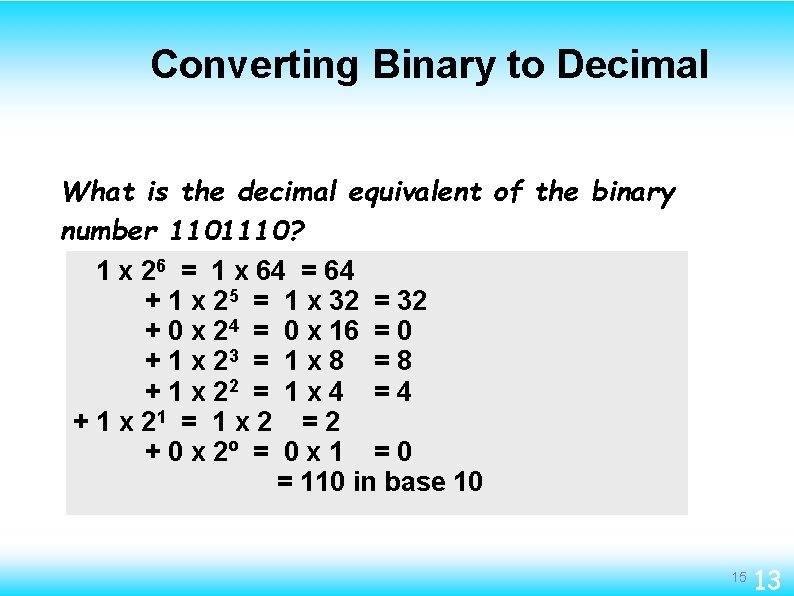 Converting Binary to Decimal What is the decimal equivalent of the binary number 1101110?