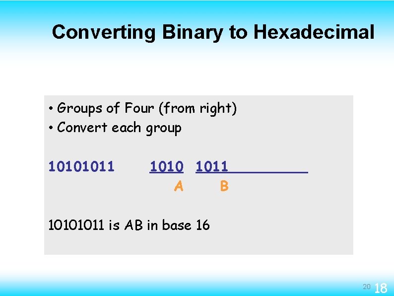 Converting Binary to Hexadecimal • Groups of Four (from right) • Convert each group