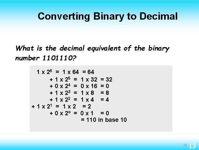 Converting Binary to Decimal What is the decimal equivalent of the binary number 1101110?