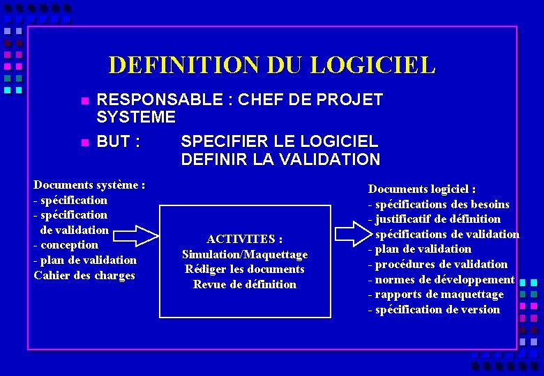 DEFINITION DU LOGICIEL n n RESPONSABLE : CHEF DE PROJET SYSTEME BUT : SPECIFIER