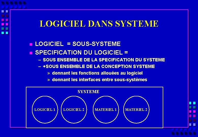 LOGICIEL DANS SYSTEME n n LOGICIEL = SOUS-SYSTEME SPECIFICATION DU LOGICIEL = – SOUS