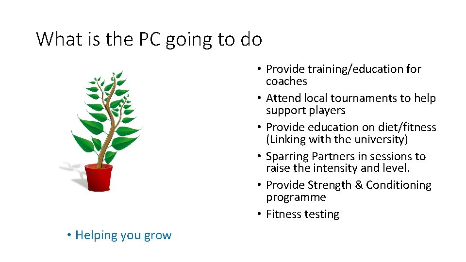 What is the PC going to do • Provide training/education for coaches • Attend