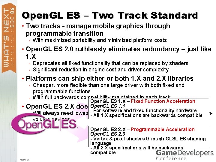 Open. GL ES – Two Track Standard • Two tracks - manage mobile graphics