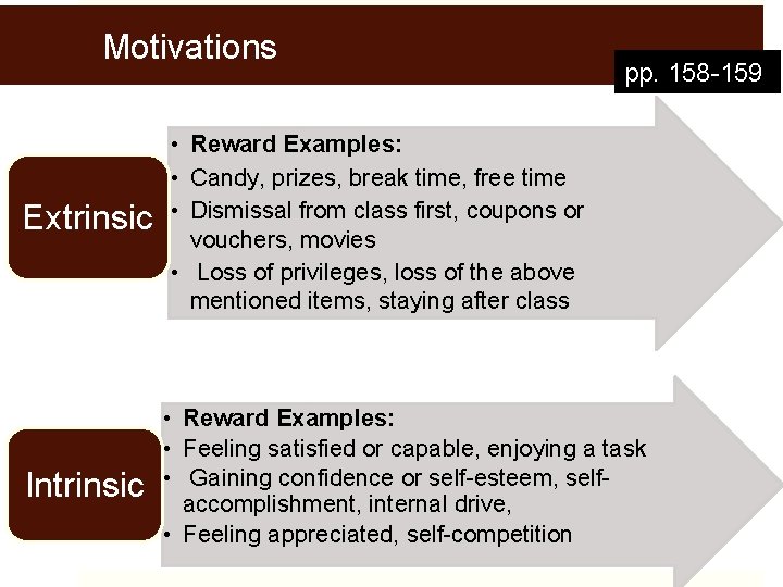 Motivations pp. 158 -159 Extrinsic • Reward Examples: • Candy, prizes, break time, free