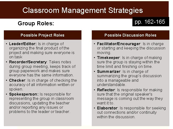 Classroom Management Strategies Group Roles: pp. 162 -165 Possible Project Roles Possible Discussion Roles