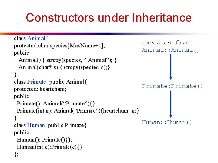 Constructors under Inheritance class Animal{ protected: char species[Max. Name+1]; public: Animal() { strcpy(species, “