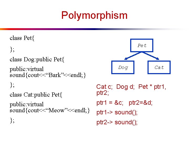 Polymorphism class Pet{ Pet }; class Dog: public Pet{ public: virtual sound{cout<<“Bark”<<endl; } }; Polymorphism class Pet{ Pet }; class Dog: public Pet{ public: virtual sound{cout<<“Bark”<<endl; } };