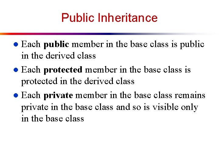 Public Inheritance Each public member in the base class is public in the derived Public Inheritance Each public member in the base class is public in the derived