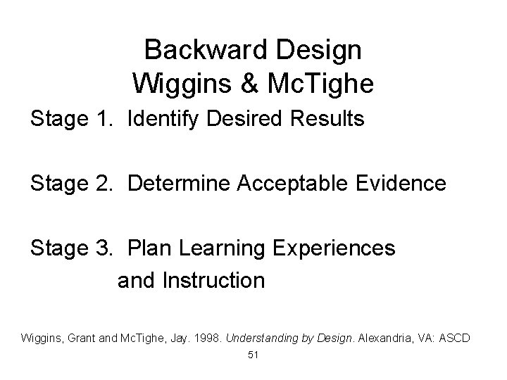 Backward Design Wiggins & Mc. Tighe Stage 1. Identify Desired Results Stage 2. Determine