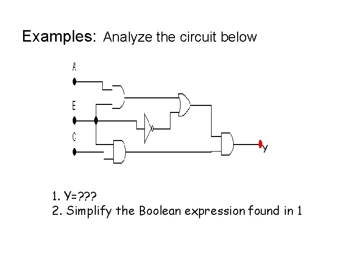 Examples: Analyze the circuit below Y 1. Y=? ? ? 2. Simplify the Boolean