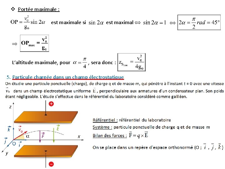 v Portée maximale : est maximale si est maximal L’altitude maximale, pour , sera