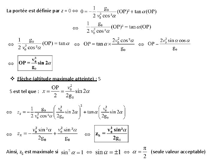 La portée est définie par z = 0 v Flèche (altitude maximale atteinte) :