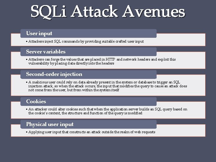 SQLi Attack Avenues User input • Attackers inject SQL commands by providing suitable crafted