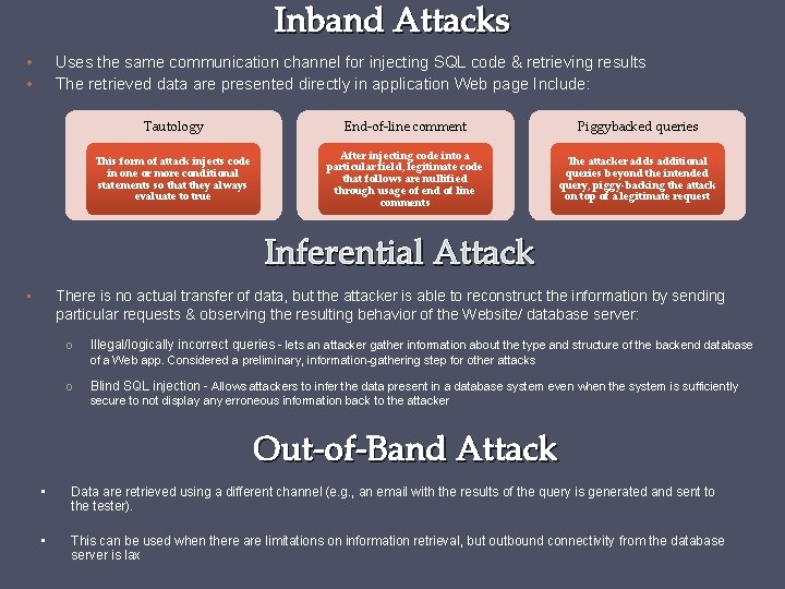 Inband Attacks • • Uses the same communication channel for injecting SQL code &