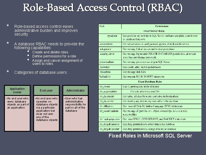 Role-Based Access Control (RBAC) • • Role-based access control eases administrative burden and improves