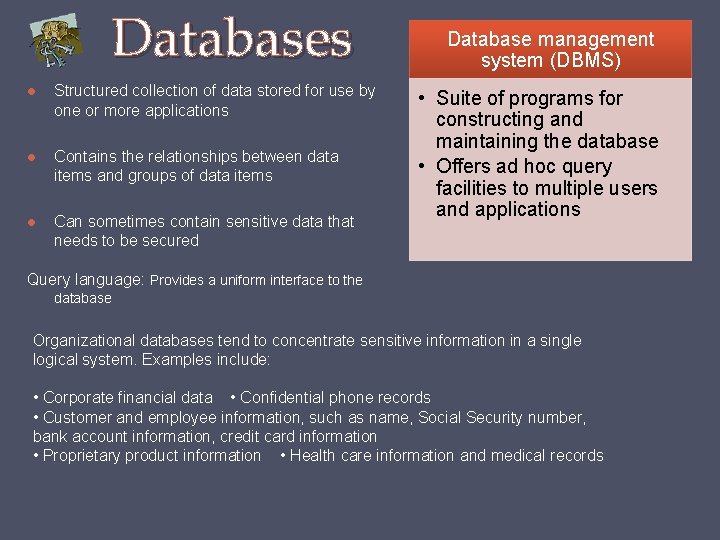 Databases Structured collection of data stored for use by one or more applications Contains